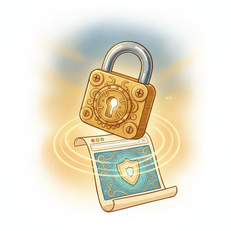 A padlock clicking shut on a web page — HTTPS on port 443, peg rearm (r·r·m).