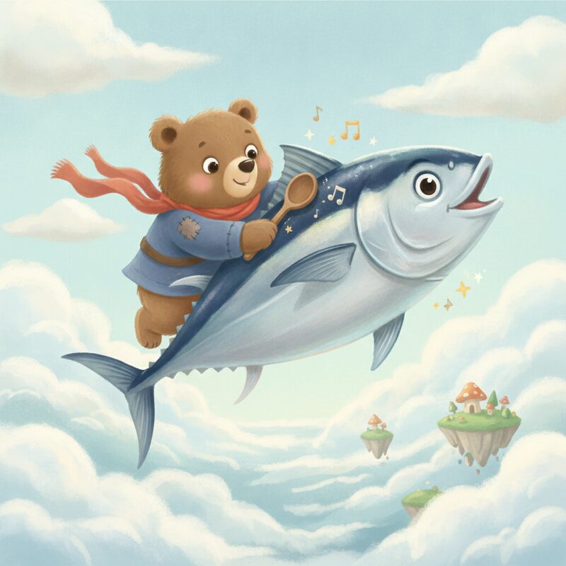 Panel 1 — a bear in the sky kicking a tuna. Pegs sky (07), bear (94), tuna (12).