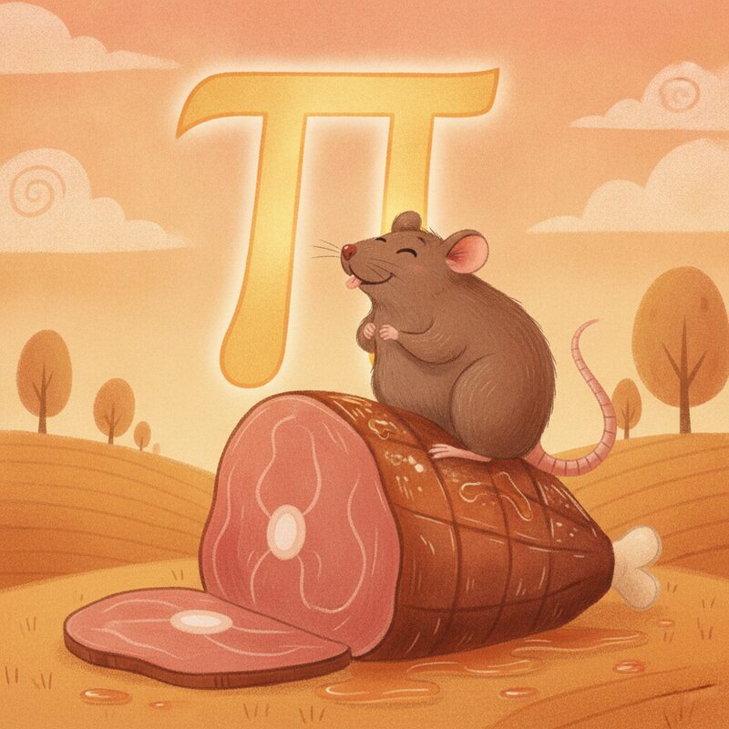 Panel 1 — a giant π with a rat on a slab of meat licking its lip. Pegs meat (31), rat (41), lip (59).