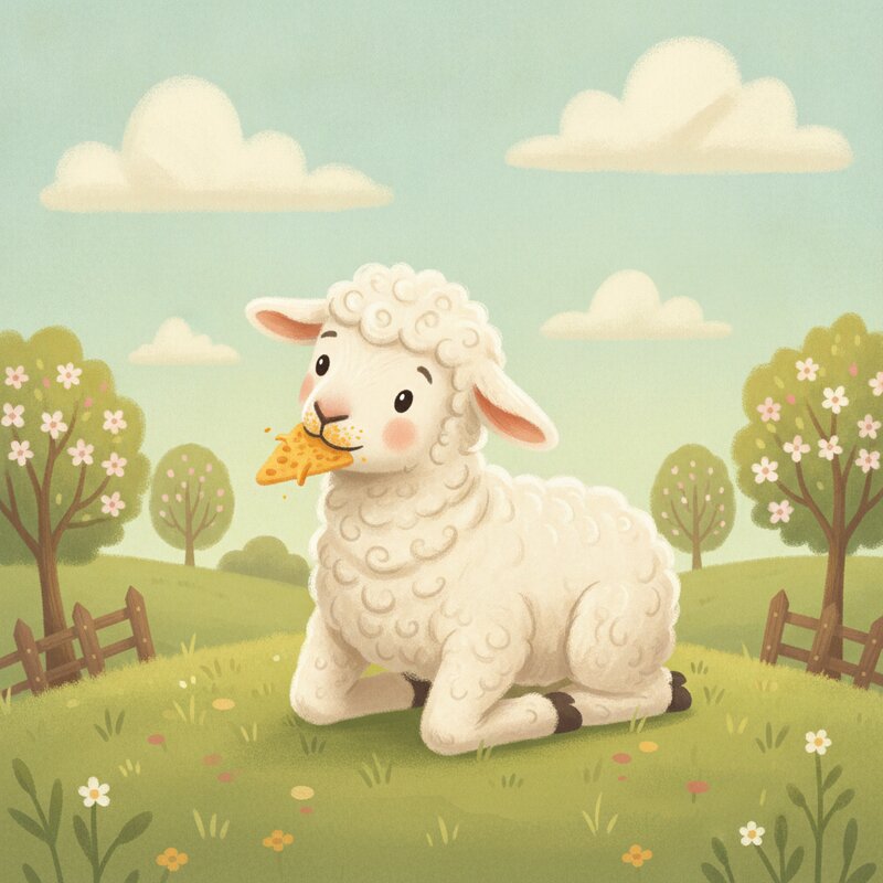 Panel 2 — a woolly lamb nibbling a nacho. Pegs nacho (26), lamb (53).