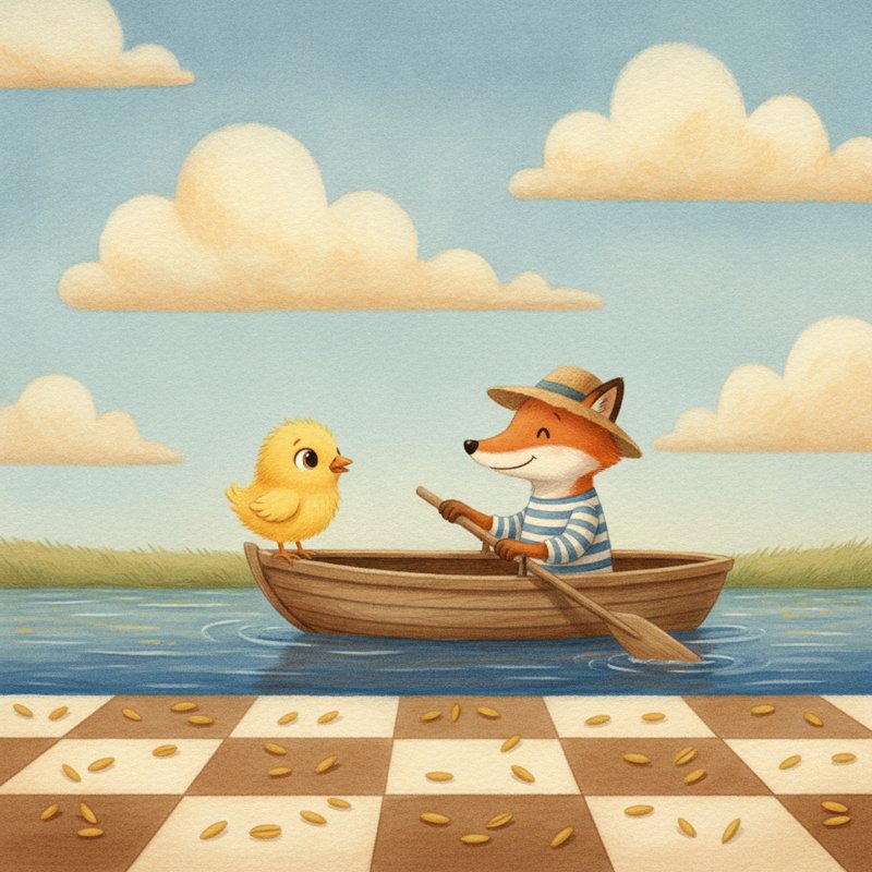 Panel 2 — a fluffy chick rides a second rower's oar under an open sky. Pegs chick (67), rower (44), sky (07).